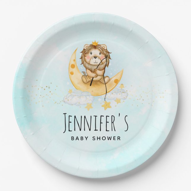 Niedliche Löwenfischerei auf der Mond-Babydusche Pappteller (Vorderseite)