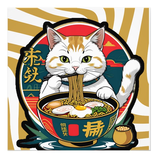 Niedliche Lucky Cat Eating Ramen Bowl Illustration Fotodruck (Vorne)