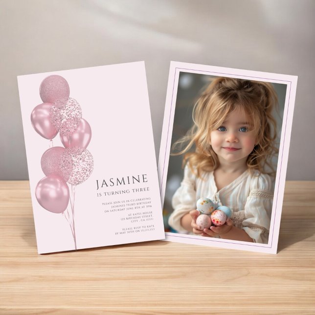 niedliche Luftballons Foto Geburtstag Einladung (cute any age birthday invitation with photo template , fully editable )