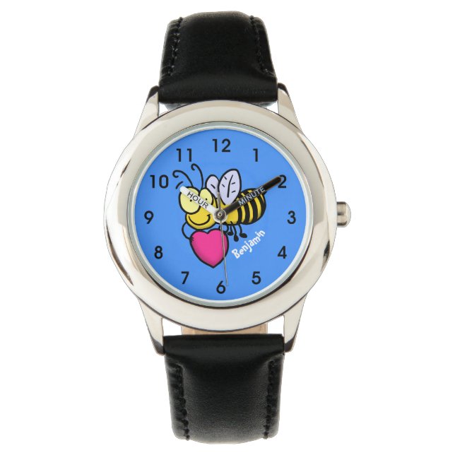 Niedliche lustige Biene mit Herz-Cartoon-Abbildung Armbanduhr (Vorderseite)