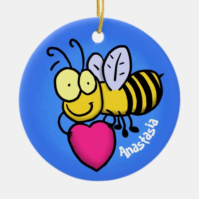 Niedliche lustige Biene mit Herz-Cartoon-Abbildung Keramik Ornament (Vorne)