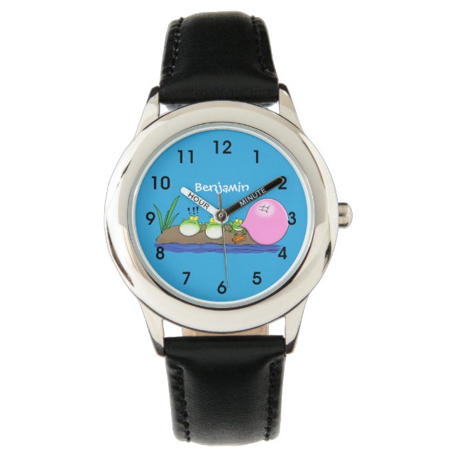 Niedliche lustige Froschbläschen-Cartoon-Abbildung Armbanduhr (Vorderseite)