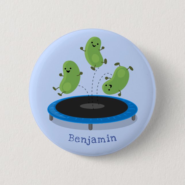 Niedliche, lustige grüne Bohnen auf Trampolin-Cart Button (Vorderseite)