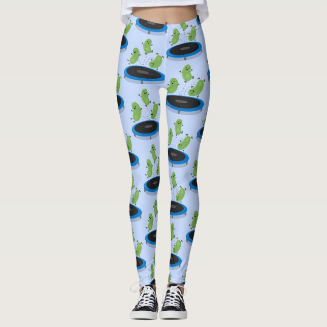 Niedliche, lustige grüne Bohnen auf Trampolin-Cart Leggings (Vorderseite)