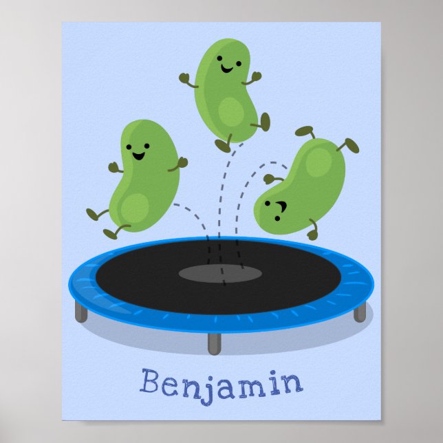 Niedliche, lustige grüne Bohnen auf Trampolin-Cart Poster (Vorne)