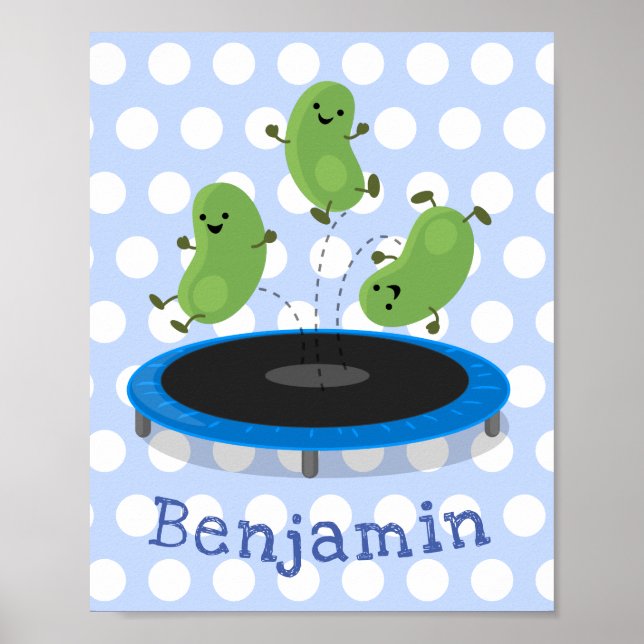 Niedliche, lustige grüne Bohnen auf Trampolin-Cart Poster (Vorne)
