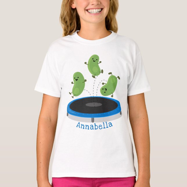 Niedliche, lustige grüne Bohnen auf Trampolin-Cart T-Shirt (Vorderseite)