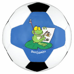 Niedliche, lustige, grüne Froschszene Cartoon-Abbi Fußball