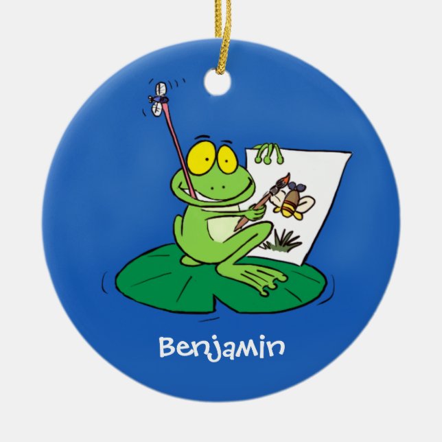 Niedliche, lustige, grüne Froschszene Cartoon-Abbi Keramik Ornament (Vorne)