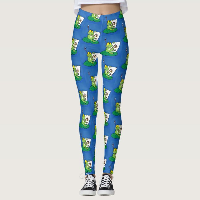 Niedliche, lustige, grüne Froschszene Cartoon-Abbi Leggings (Vorderseite)
