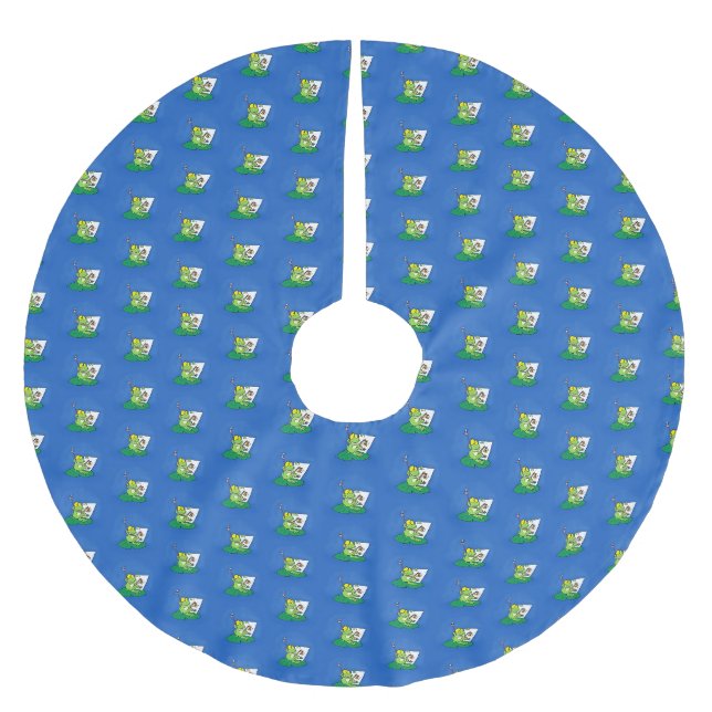 Niedliche, lustige, grüne Froschszene Cartoon-Abbi Polyester Weihnachtsbaumdecke (Vorderseite)