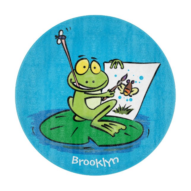 Niedliche, lustige, grüne Froschszene Cartoon-Abbi Schneidebrett (Vorderseite)