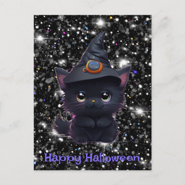 Niedliche, lustige Halloween-Schwarzkatze Postkarte (Vorderseite)