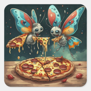 Niedliche lustige Insekten, die ein Pizza-lustiges Quadratischer Aufkleber