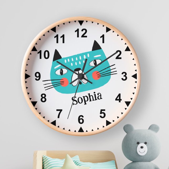 Niedliche lustige Katze für Kinder Kinderzimmer Uhr (funny kitten clock for kids with name)