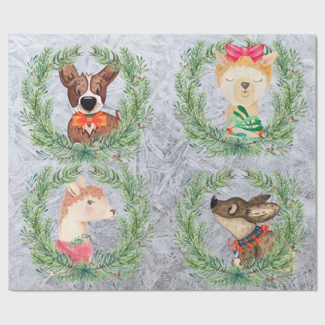 Niedliche, lustige Llama & Dog Weihnachtskränze Geschenkpapier (Flach)