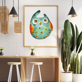 Niedliche, lustige Uhu, grün orange Poster