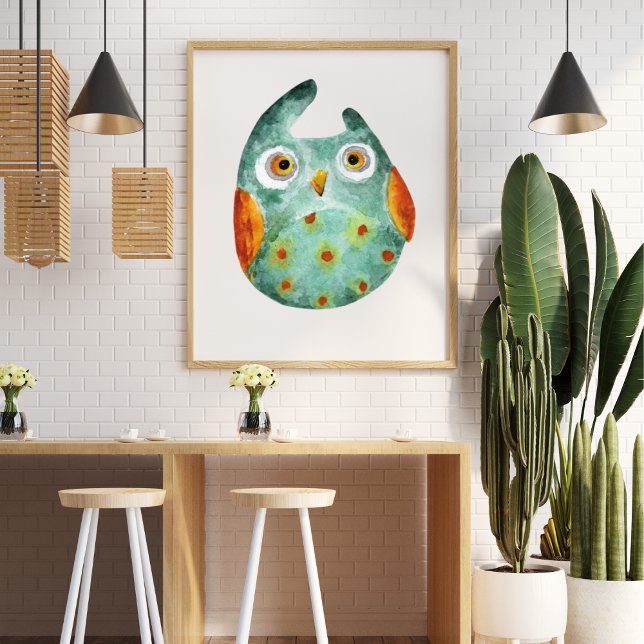Niedliche, lustige Uhu, grün orange Poster (Von Creator hochgeladen)