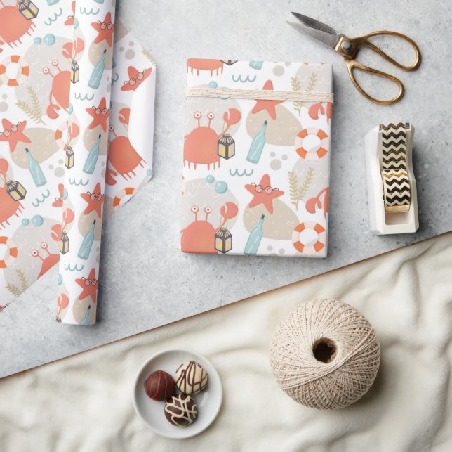 Niedliche lustige Wassertiere. Seekrebse, Seestern Geschenkpapier (Kunsthandwerk)