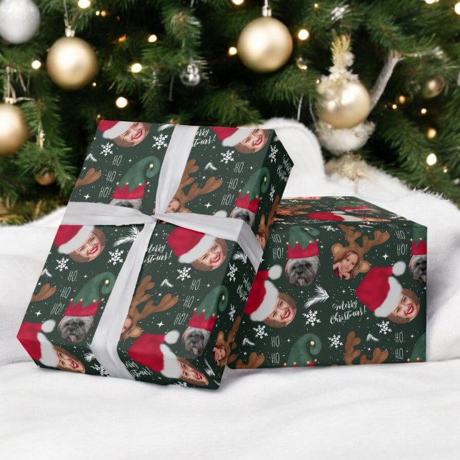 Niedliche lustige Weihnachtsabbildungen 3 Fotos Geschenkpapier (Cute fun merry Christmas illustration 3 photos Wrapping Paper)