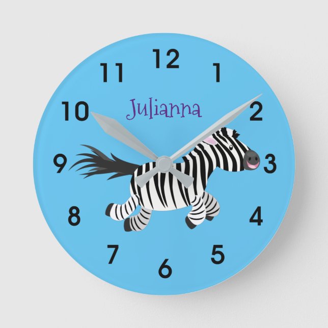 Niedliche lustige Zebra-Cartoon-Illustration Runde Wanduhr (Vorderseite)