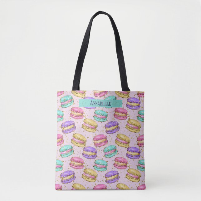 Niedliche Macaron Cookies Imitate Glitzer Name Tasche (Vorderseite)