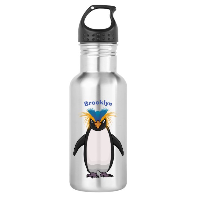 Niedliche Macaroni-Pinguin-Cartoon-Abbildung Edelstahlflasche (Vorderseite)