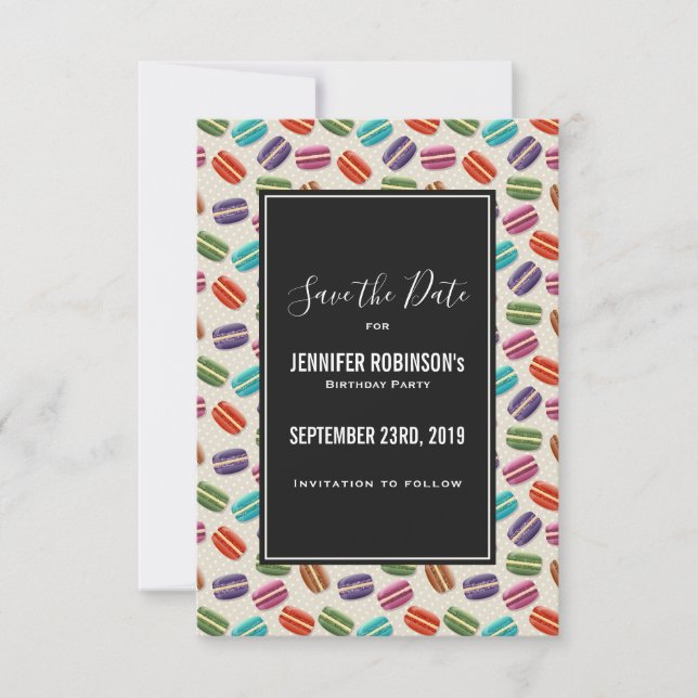 Niedliche Macarons-Muster mit Polka-Punkten Save The Date (Vorderseite)