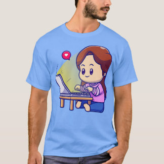 Niedliche Mädchen arbeiten auf Laptop-Cartoon T-Shirt