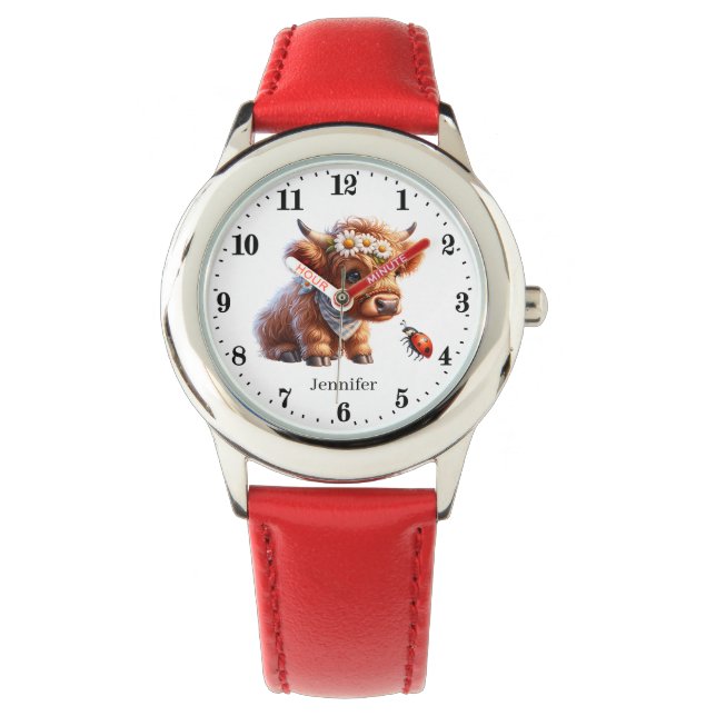 Niedliche Mädchen Hochlandkuh geben den Namen Armbanduhr (Vorderseite)