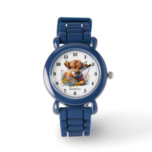 Niedliche Mädchen Hochlandkuh geben den Namen Armbanduhr