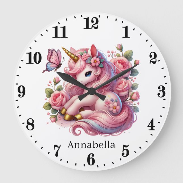 Niedliche Mädchen Kinderzimmer Einhorn Große Wanduhr (Vorderseite)