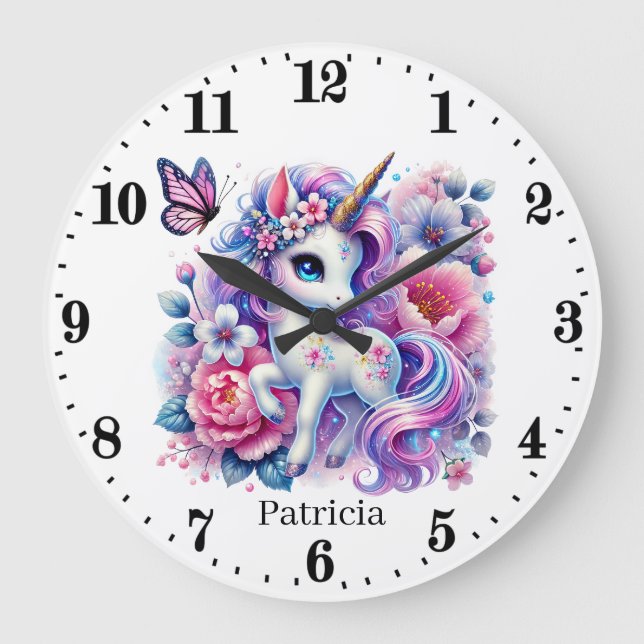 Niedliche Mädchen Kinderzimmer Einhorn Große Wanduhr (Vorderseite)