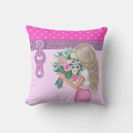 Niedliche Mädchen & Rosa Blume Elegantes Blumendes Kissen