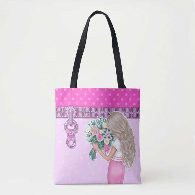 Niedliche Mädchen & Rosa Blume Elegantes Blumendes Tasche (Vorderseite)