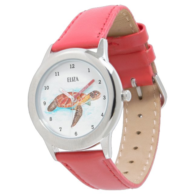 Niedliche Mädchen Rosa Meeresschildkröte Tierkinde Armbanduhr (Schrägansicht)