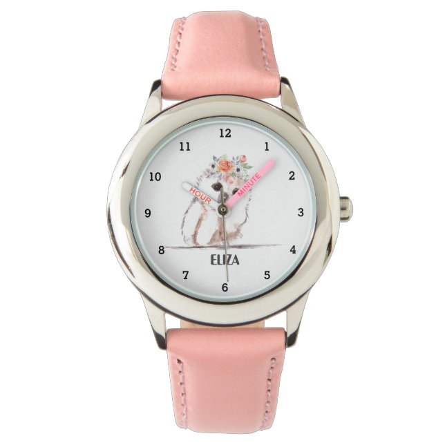 Niedliche Mädchen Rosa Vögeltiere Kinder Blumentie Armbanduhr (Vorderseite)