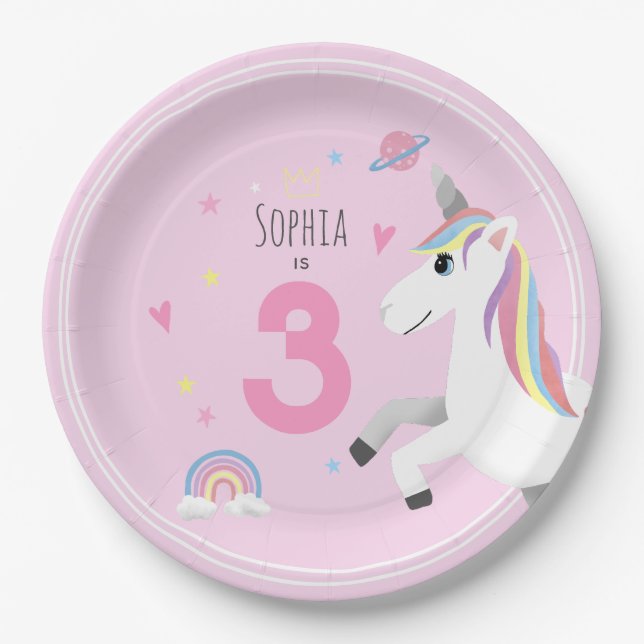 Niedliche Mädchen und Girly Pink Einhorn Kindergeb Pappteller (Vorderseite)