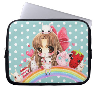 Niedliche Mädchen- und kawaiitiere, die auf Laptopschutzhülle