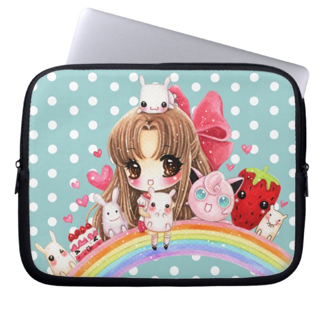 Niedliche Mädchen- und kawaiitiere, die auf Laptopschutzhülle (Vorderseite)