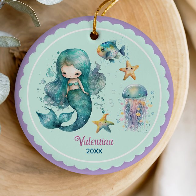 Niedliche mädchenhafte Meerjungfrau lila Weihnacht Keramik Ornament (Von Creator hochgeladen)