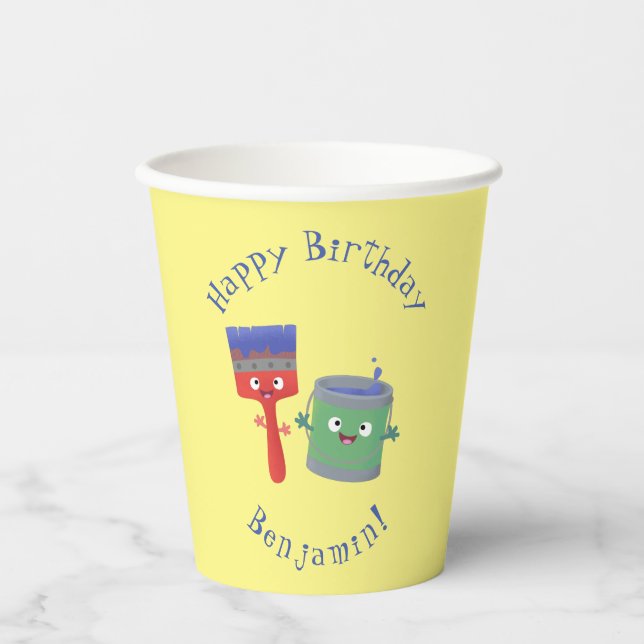 Niedliche Malerpinsel und Zeichenkarikaturen Pappbecher (Vorderseite)