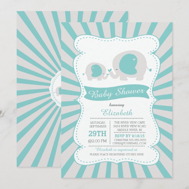 Niedliche Mama Baby Elephant Boys Kinderdusche Einladung (Vorne/Hinten)
