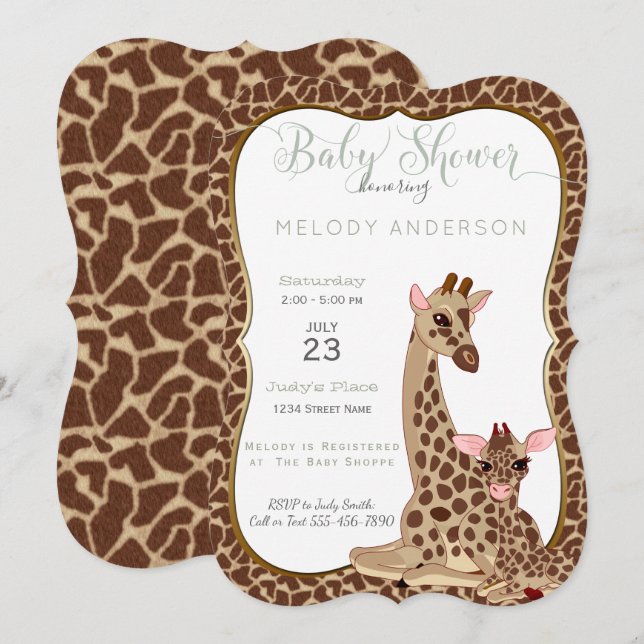 Niedliche Mama & Baby Giraffe TierThema Kinderdusc Einladung (Vorne/Hinten)