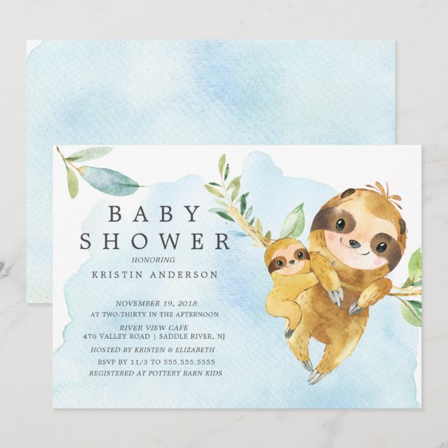 Niedliche Mama mit Baby Sloth Baby Dusche Einladung (Vorne/Hinten)