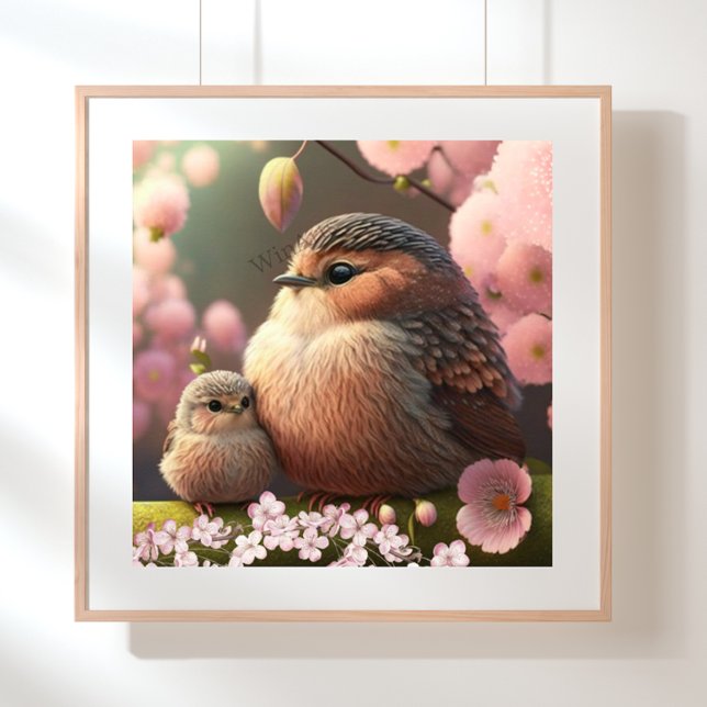 Niedliche Mama und Baby Bird auf einem Baum Pink B Poster (Von Creator hochgeladen)