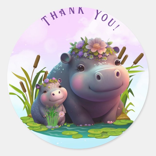 Niedliche Mama und Baby Hippo Vielen Dank Personal Runder Aufkleber (Vorderseite)