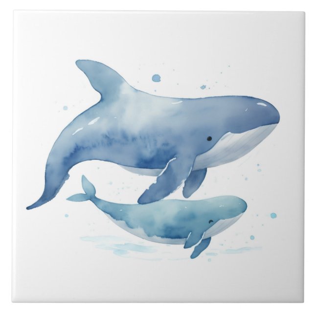 Niedliche Mama und Baby Whale Wasserfarbenmeer Fliese (Vorderseite)