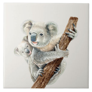 Niedliche Mama und Babywasserfarbe Koala auf hellb Fliese