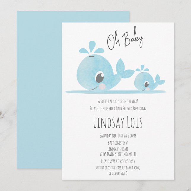 Niedliche Mama Whale Baby Whale Baby Dusche Einladung (Vorne/Hinten)